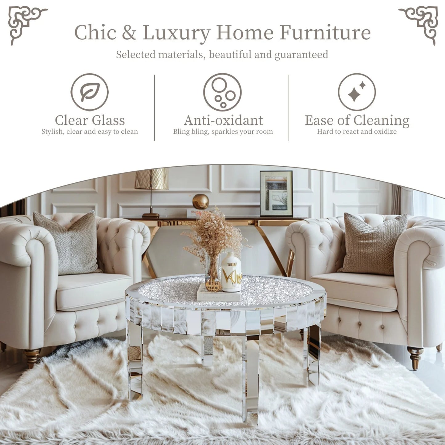 80cm Round Mirrored End Table Crystal Diamond Coffee Table Beveled Glass Edge Accent Side Table for Living Room Bedroom