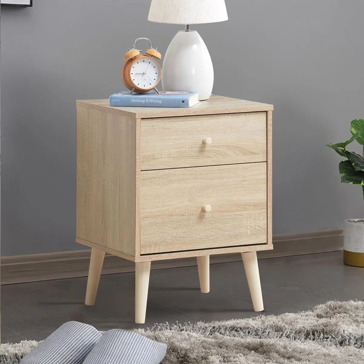 2-Drawer Wooden Nightstand with Rubber Wood Legs