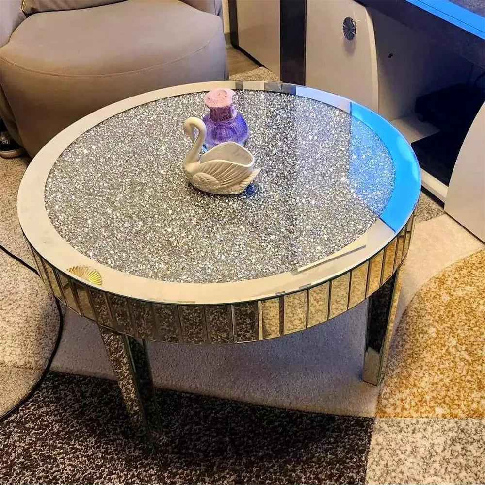 80cm Round Mirrored End Table Crystal Diamond Coffee Table Beveled Glass Edge Accent Side Table for Living Room Bedroom