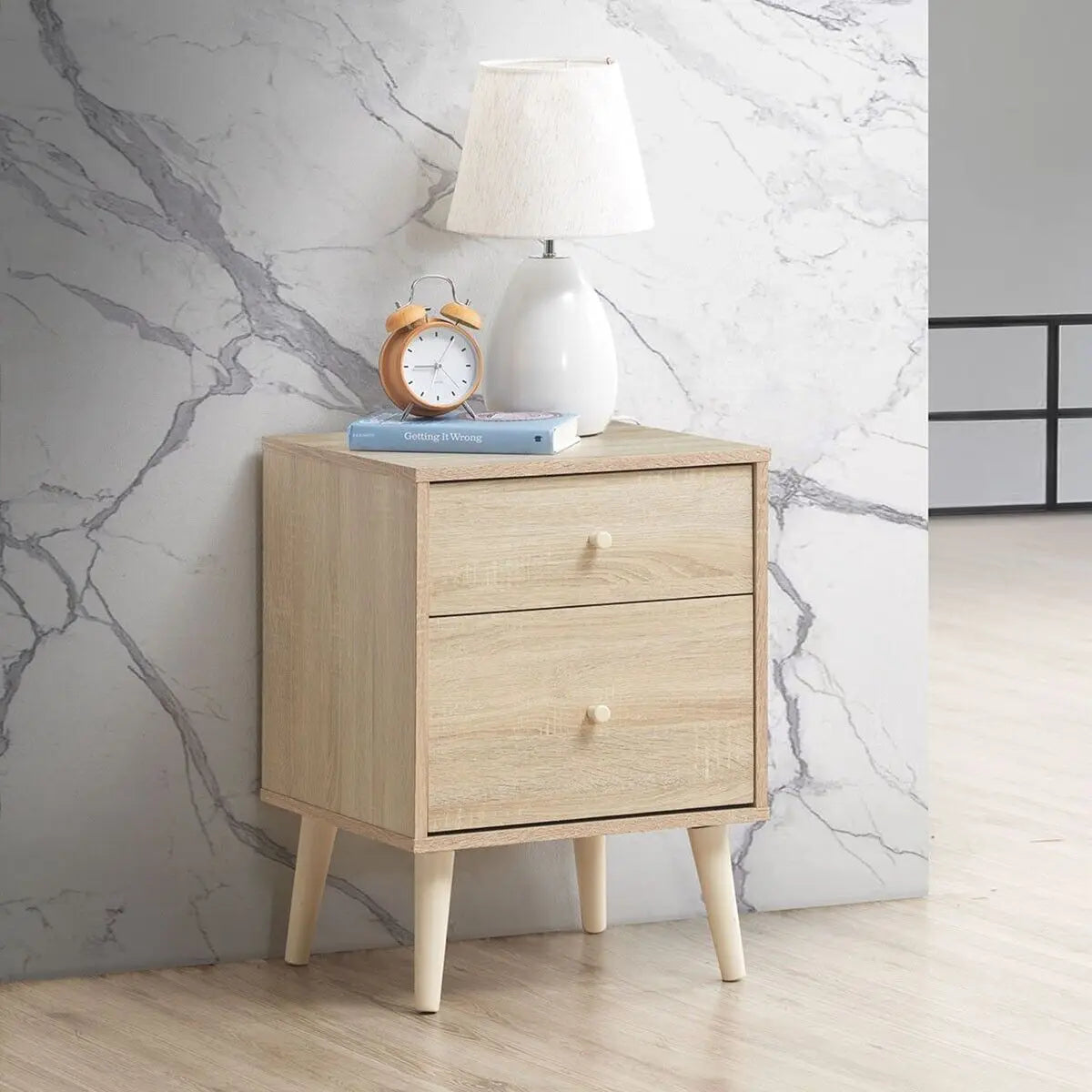 2-Drawer Wooden Nightstand with Rubber Wood Legs
