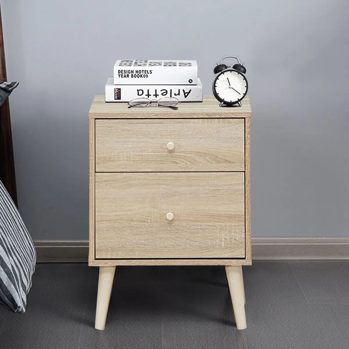 2-Drawer Wooden Nightstand with Rubber Wood Legs