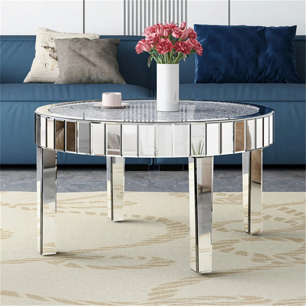 80cm Round Mirrored End Table Crystal Diamond Coffee Table Beveled Glass Edge Accent Side Table for Living Room Bedroom