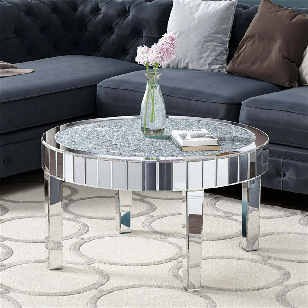 80cm Round Mirrored End Table Crystal Diamond Coffee Table Beveled Glass Edge Accent Side Table for Living Room Bedroom