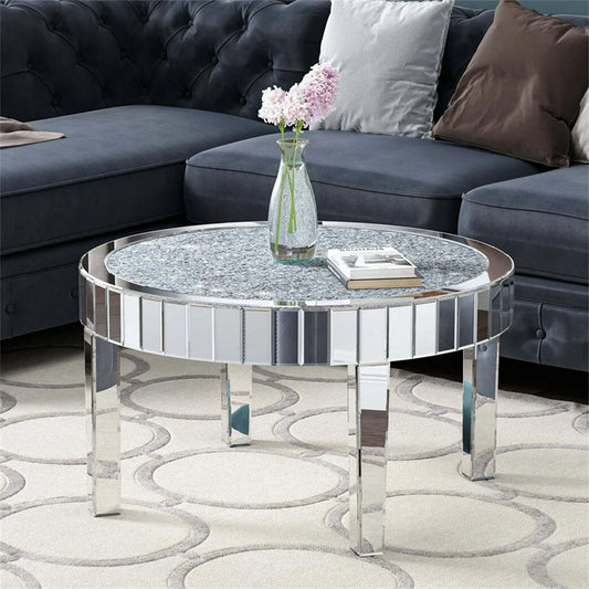 80cm Round Mirrored End Table Crystal Diamond Coffee Table Beveled Glass Edge Accent Side Table for Living Room Bedroom