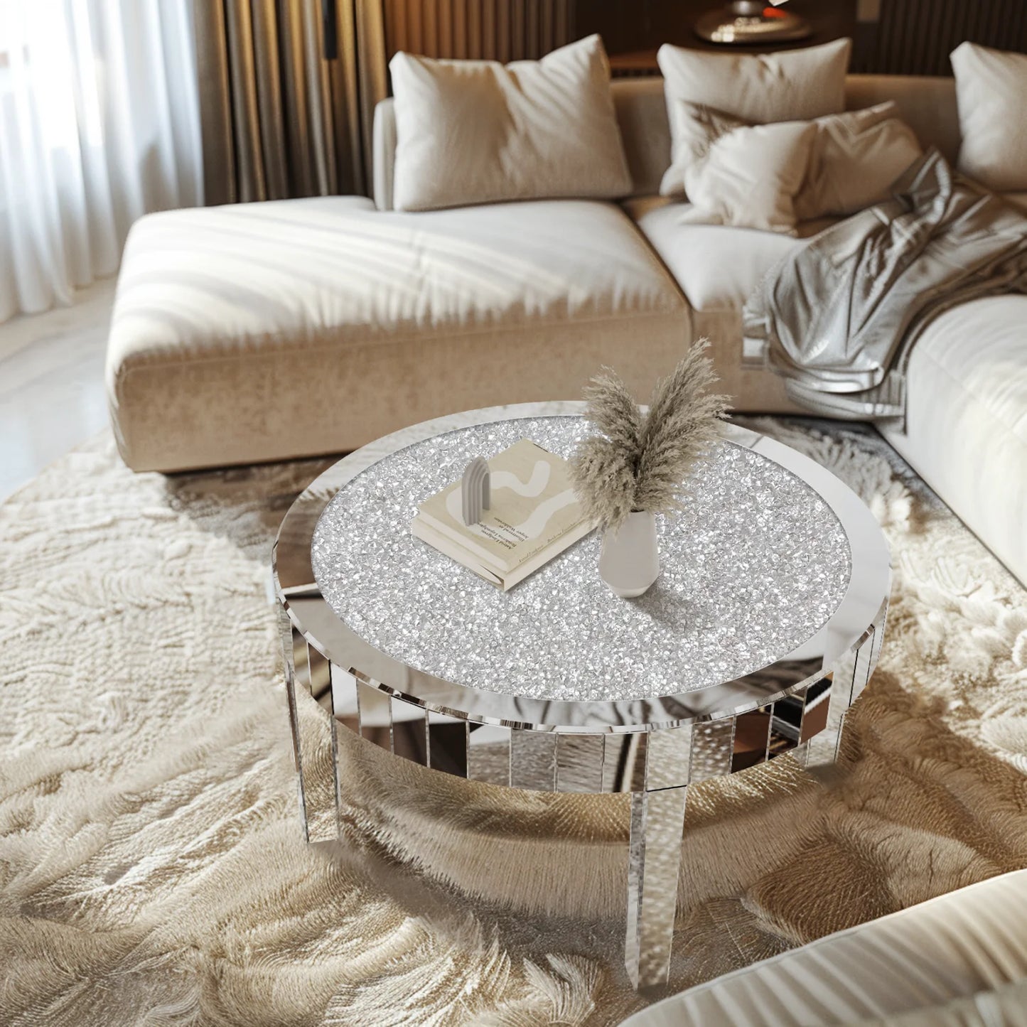80cm Round Mirrored End Table Crystal Diamond Coffee Table Beveled Glass Edge Accent Side Table for Living Room Bedroom
