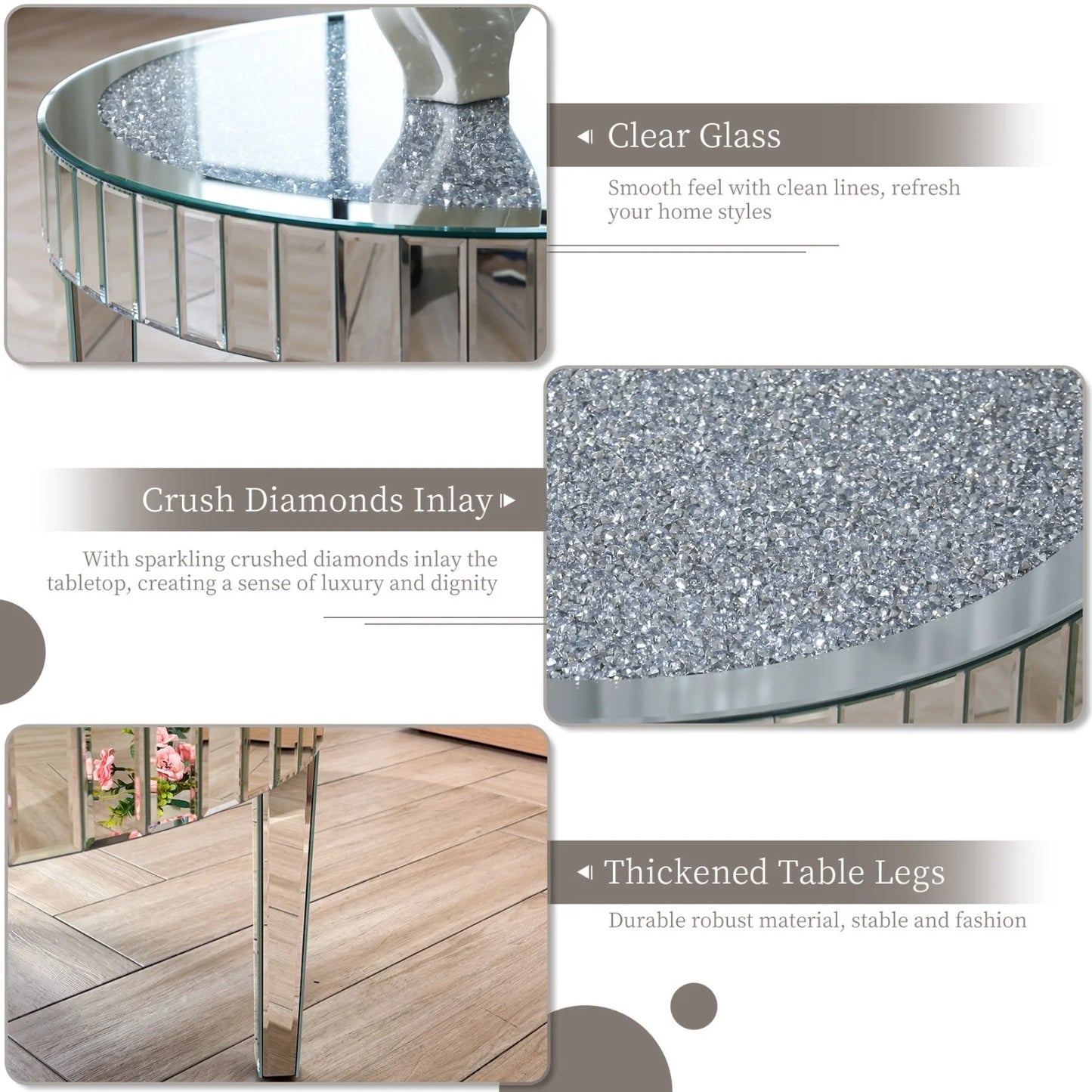 80cm Round Mirrored End Table Crystal Diamond Coffee Table Beveled Glass Edge Accent Side Table for Living Room Bedroom