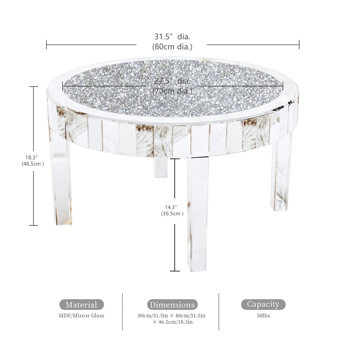 80cm Round Mirrored End Table Crystal Diamond Coffee Table Beveled Glass Edge Accent Side Table for Living Room Bedroom